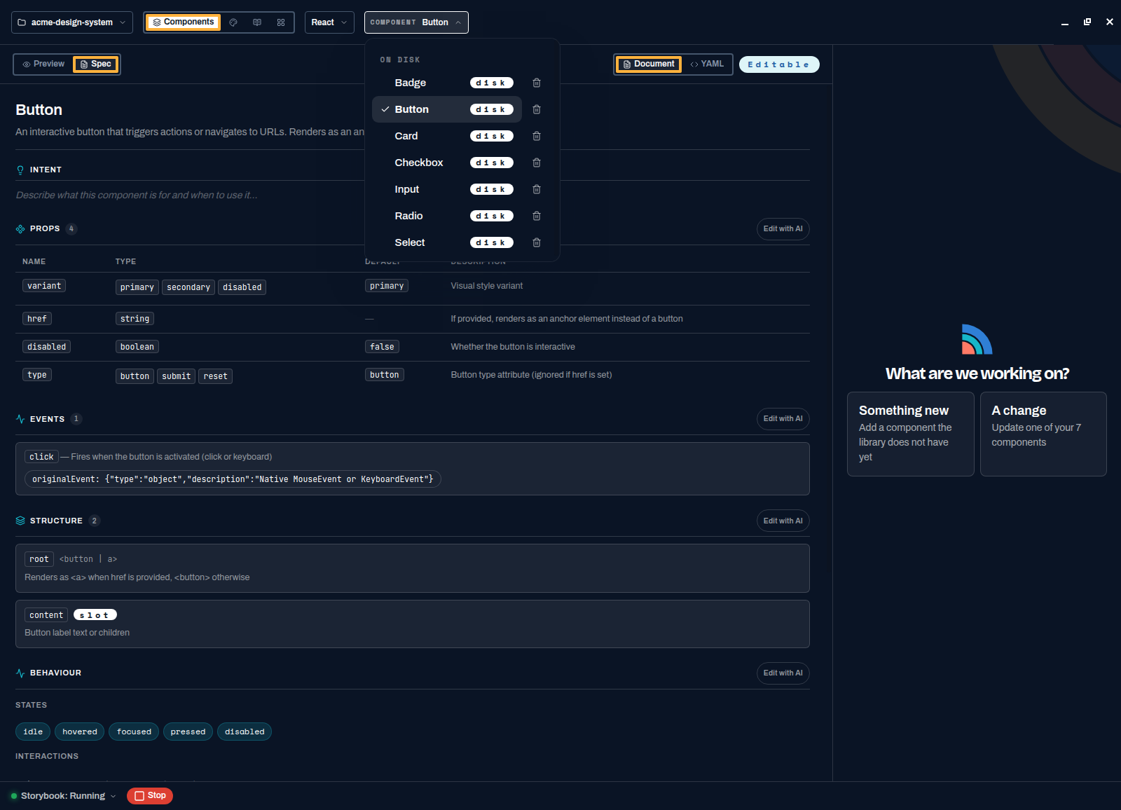 The Spektral components workspace with the header, a Browse Components list showing Button, Badge, Card and form components, and the chat panel on the right