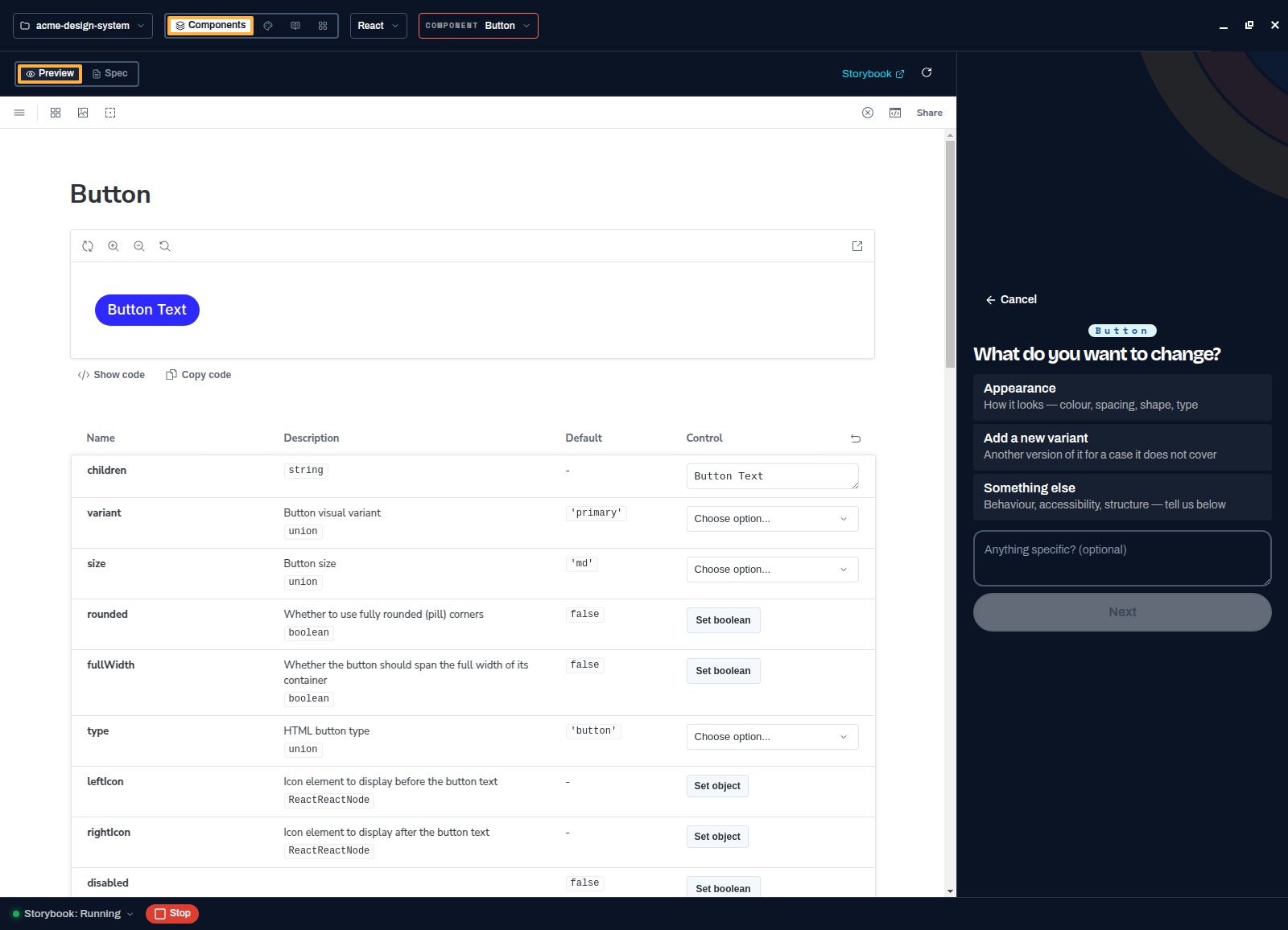 The Button preview rendering a live button, with a props table listing children, variant, size, rounded, fullWidth and type controls