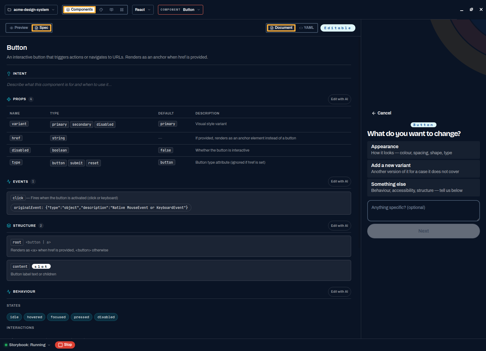 The Button spec in document view showing intent, props, events, structure and behaviour sections, each with an Edit with AI button