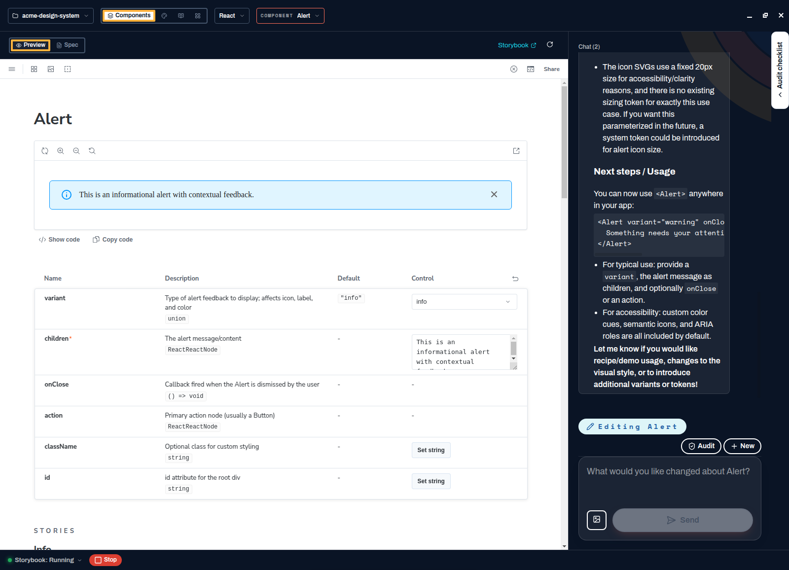 The generated Alert component rendering an informational alert with an icon and dismiss button, above a props table listing variant, children, onClose, action, className and id
