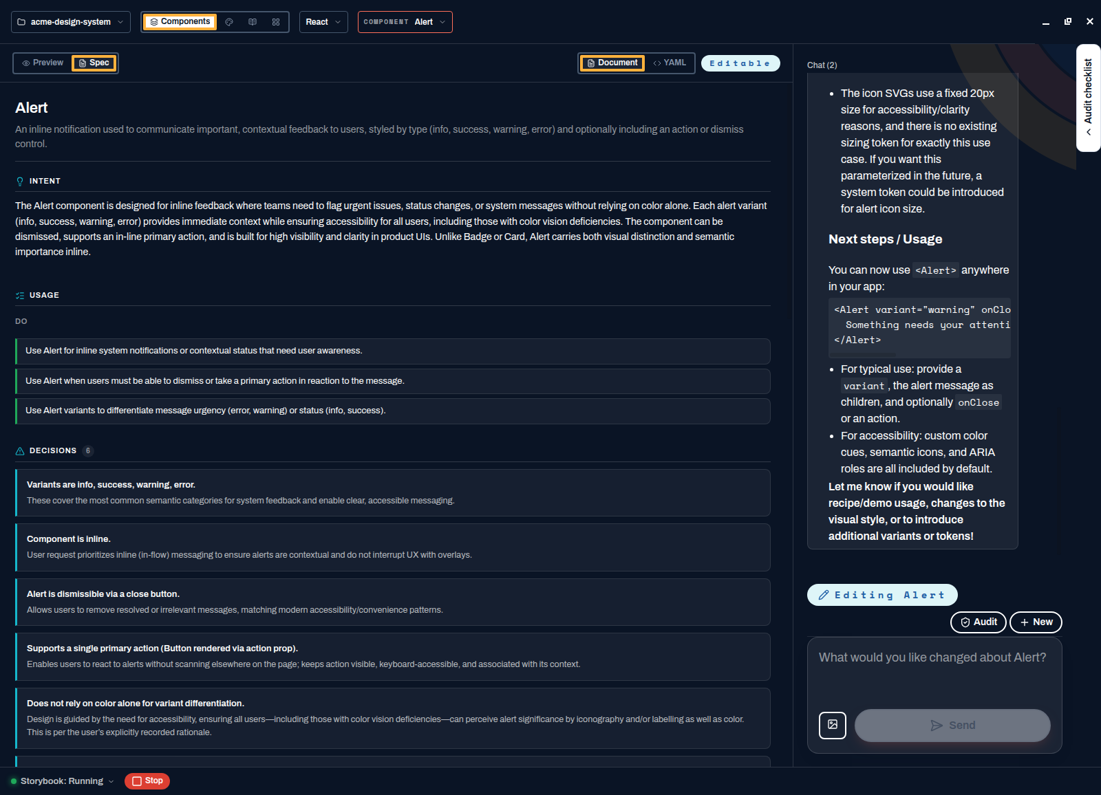 The agent's closing summary explaining the icon sizing decision and showing usage code for the Alert component