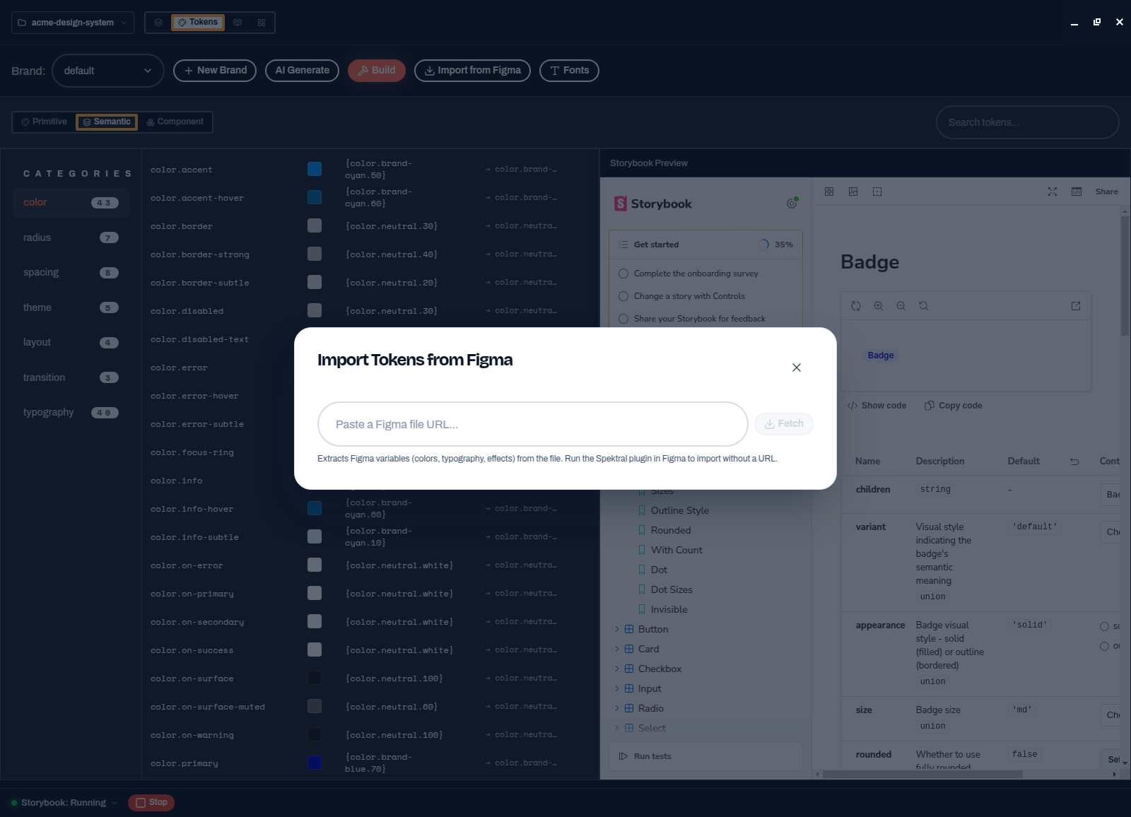 The Import Tokens from Figma dialog with a field for pasting a Figma file URL and a Fetch button