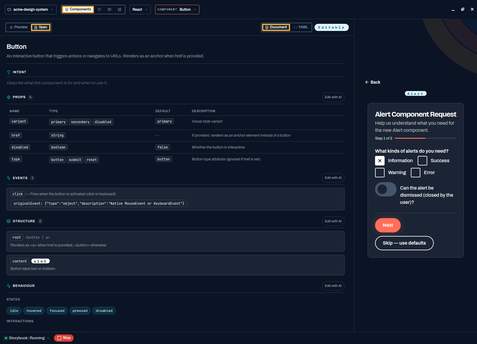 An intake step asking what kinds of alerts are needed, with info, success, warning and error options, and whether the alert can be dismissed