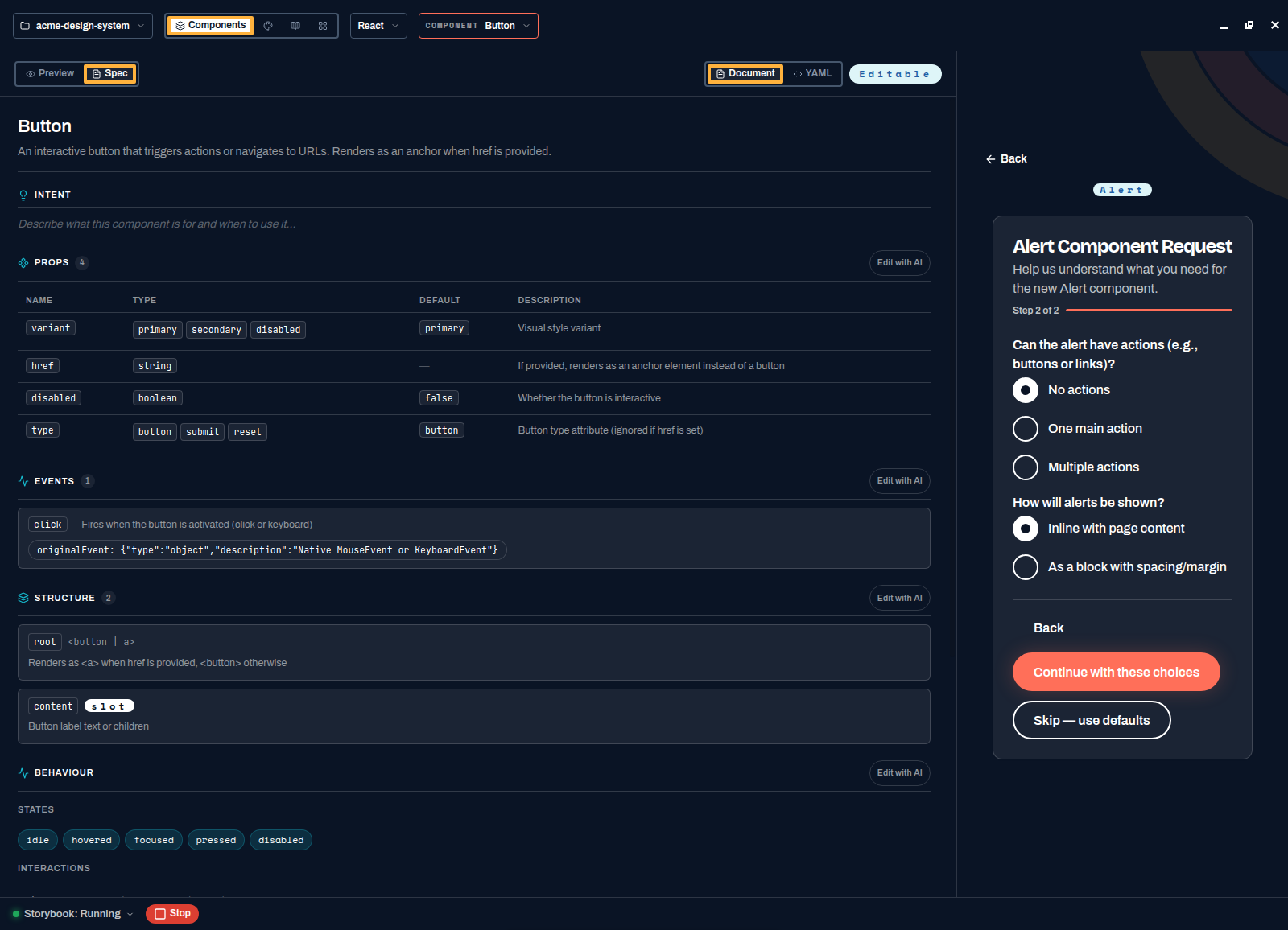 A second intake step asking whether the alert can have actions such as buttons or links, and how alerts will be shown