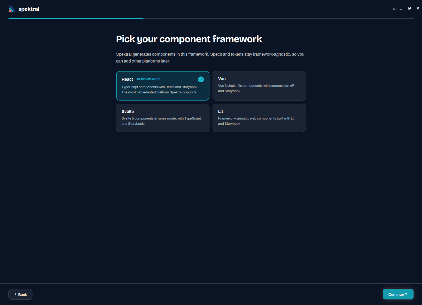 The Pick your component framework step with React selected and Vue, Svelte, and Lit alongside it