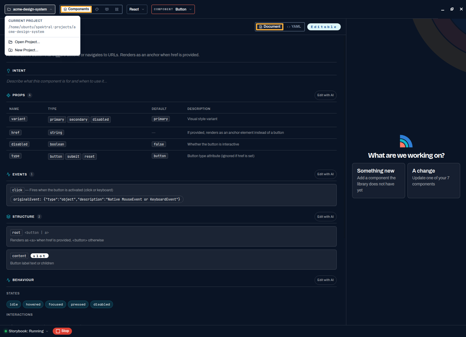 The project menu open, showing options to create a new project, open an existing project, and recent projects
