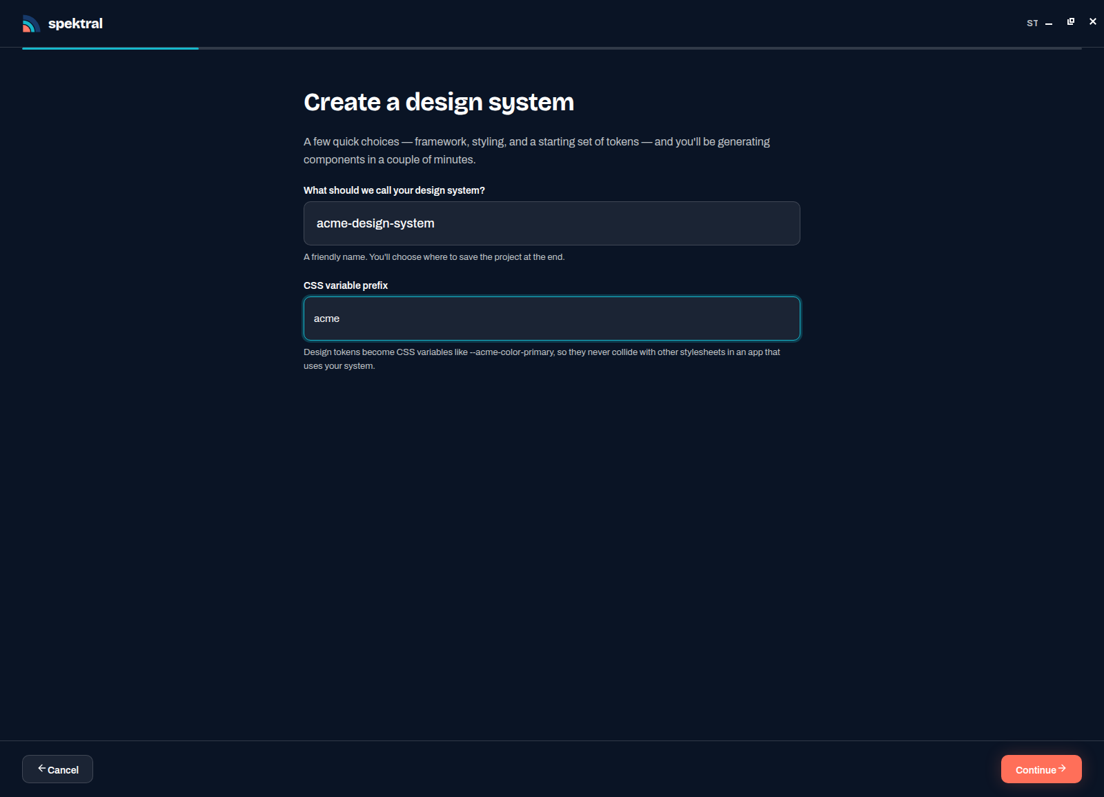The Create a design system step with a project name field reading acme-design-system and a CSS variable prefix field reading acme