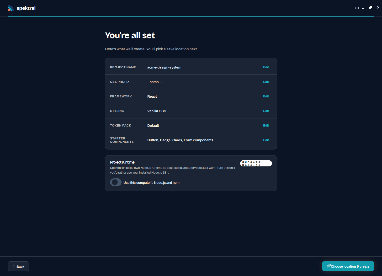 The You're all set review step listing project name, CSS prefix, framework, styling, token pack, and starter components, with a project runtime toggle