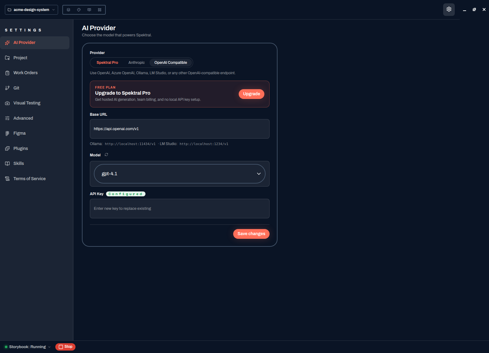 The Settings AI Provider page with Spektral Pro, Anthropic and OpenAI Compatible tabs, a base URL field, a model selector, and an API key marked Configured