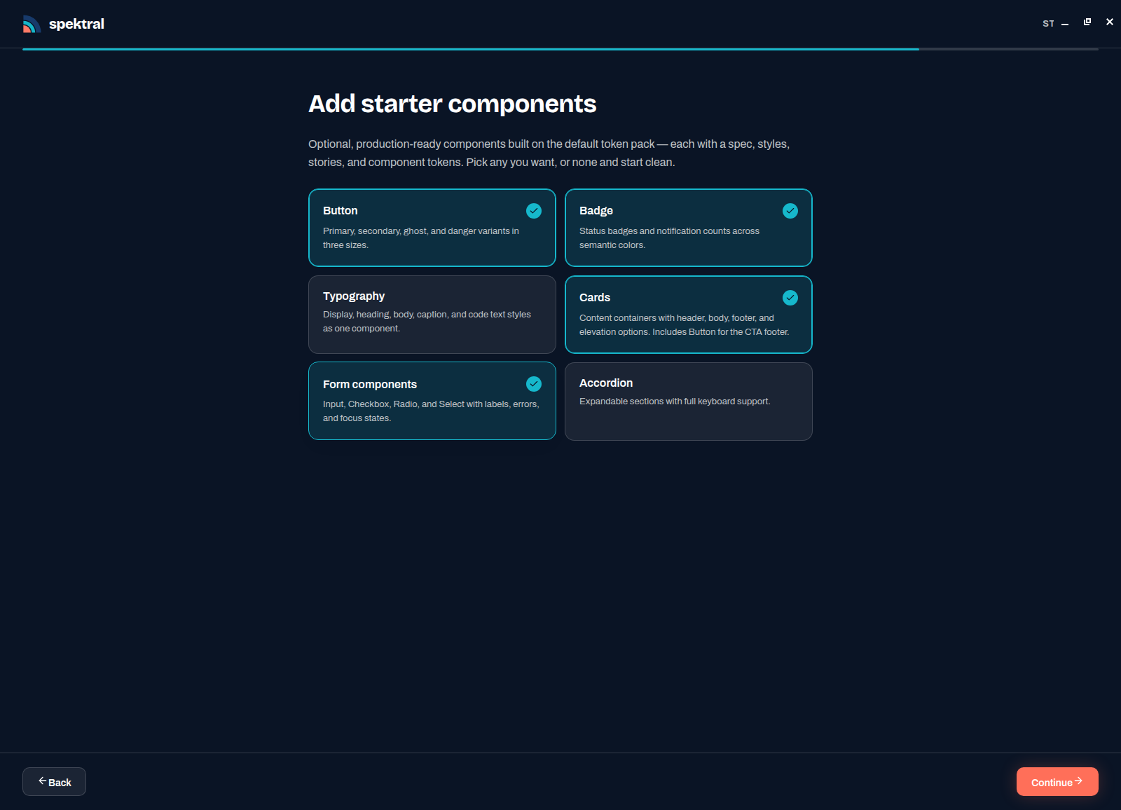 The Add starter components step with Button, Badge, Cards, and Form components selected