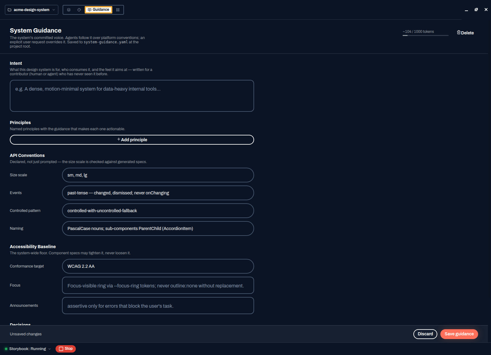 The System Guidance page with sections for intent, principles, API conventions including size scale and event naming, and an accessibility baseline
