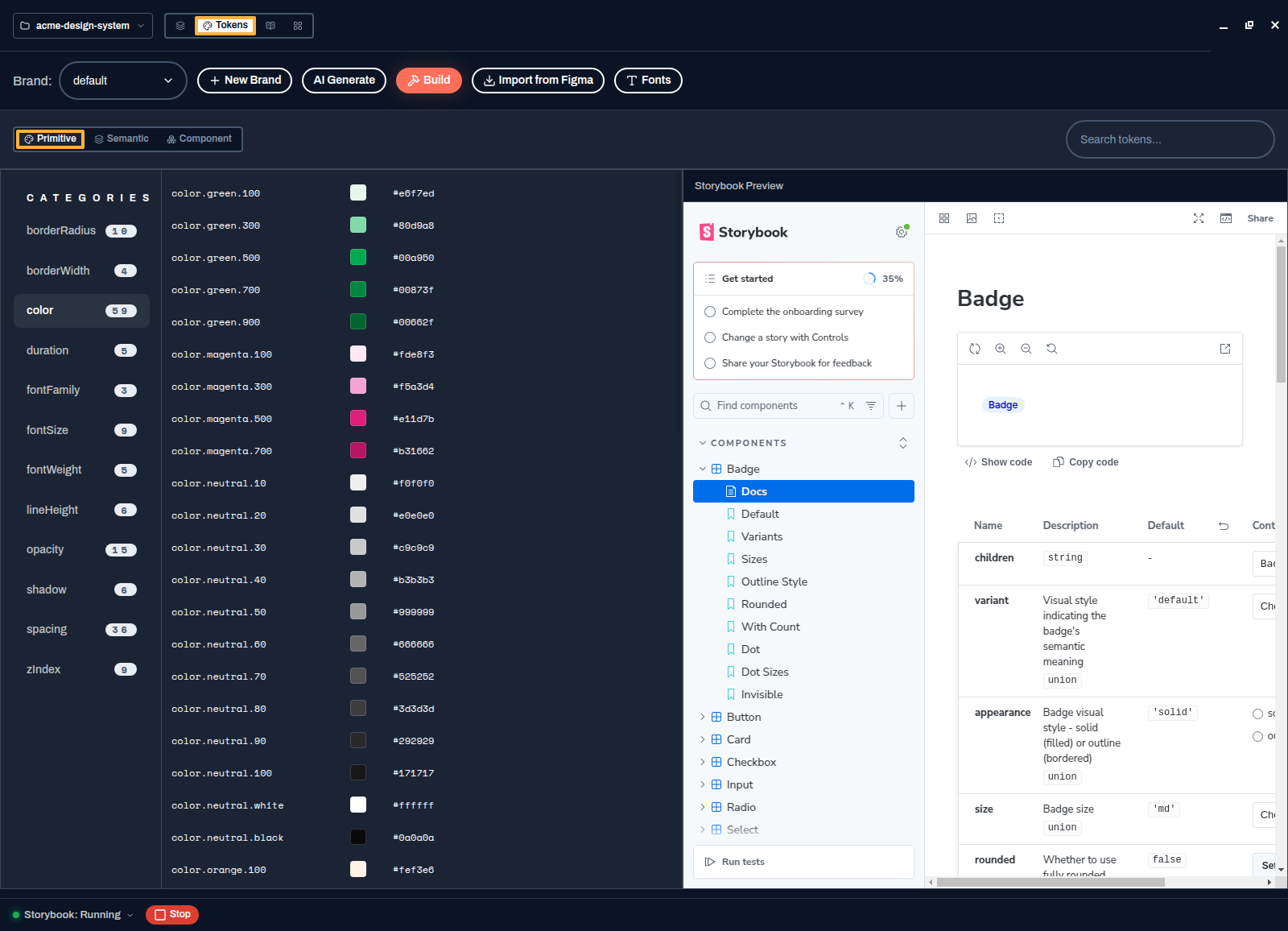 The Tokens page on the Primitive tab, listing colour primitives with swatches and hex values, with categories for borderRadius, color, spacing and typography