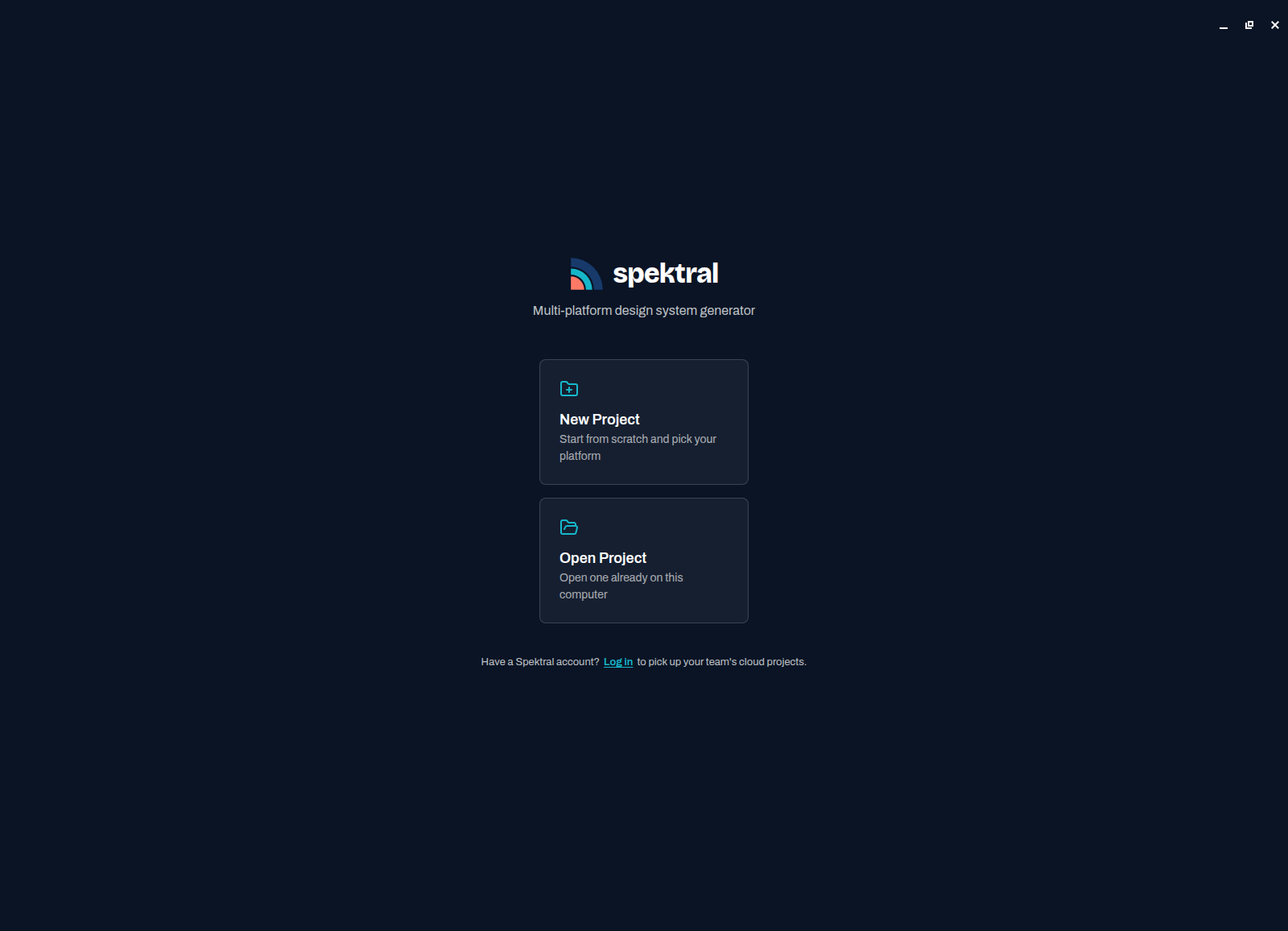 The Spektral welcome screen with New Project and Open Project cards and a log-in link for cloud projects