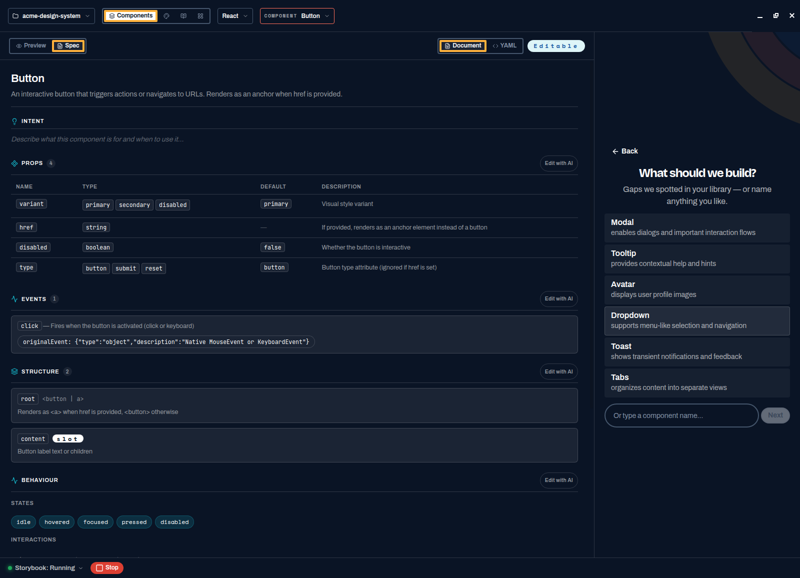 Spektral suggesting missing components such as Alert, Modal and Tooltip, each with a reason, above a free-text field for naming your own